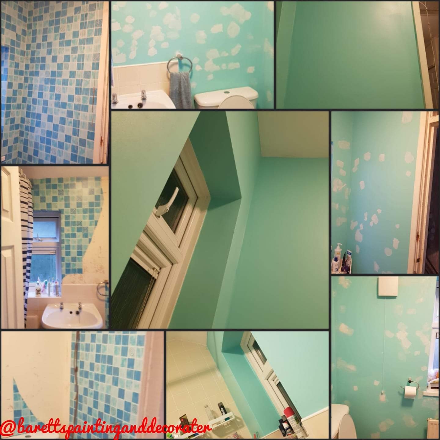 Original decorating collage showing preparation and turquoise painted bathroom walls