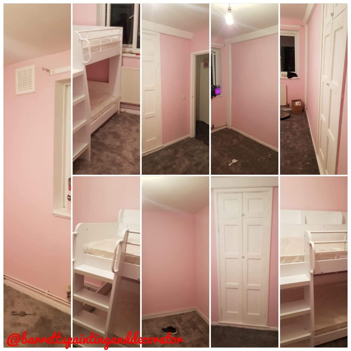 Barrett's project collage showing a bedroom decorated in soft pink with white woodwork