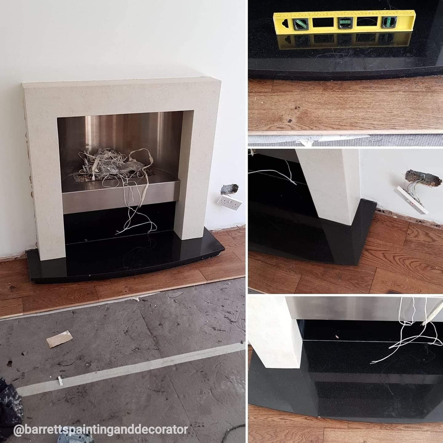 Barrett's own collage showing work in progress around a fireplace surround