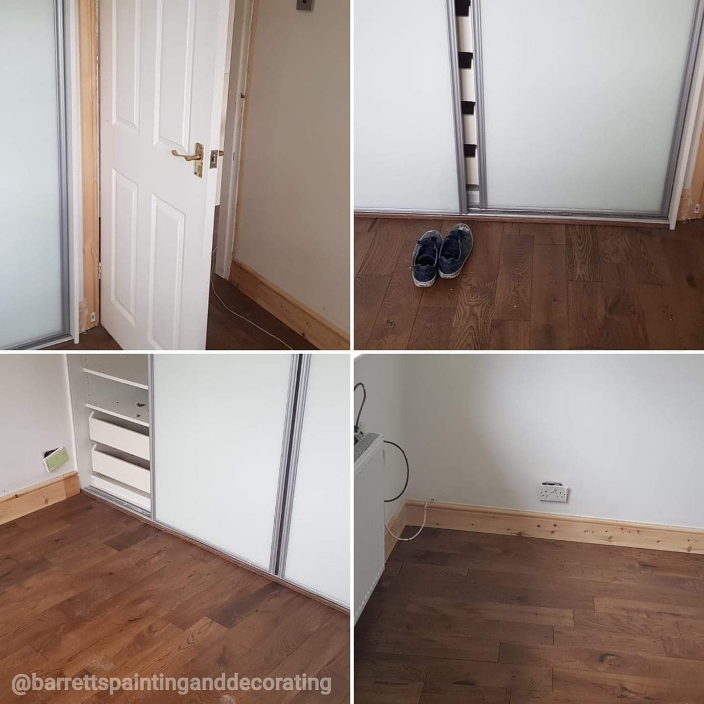 Barrett's original room project collage showing white doors, woodwork and flooring